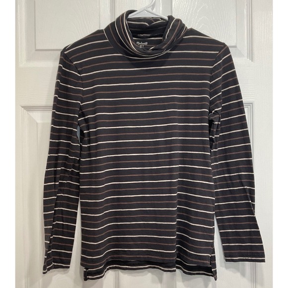 Madewell Tops - Madewell Womens S Striped Turtleneck Top Charcoal Brown Cream Long Sleeve